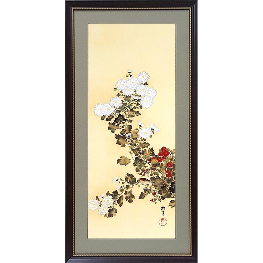 酒井抱一 「十二か月花鳥図」 九月 菊に子禽図 額装 : 酒井抱一 十二