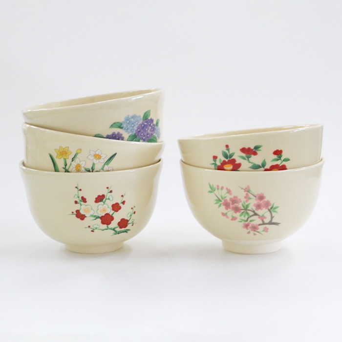 抹茶茶碗 仁清写し おけいこ茶碗 絵付 5客 柄ランダム【訳あり