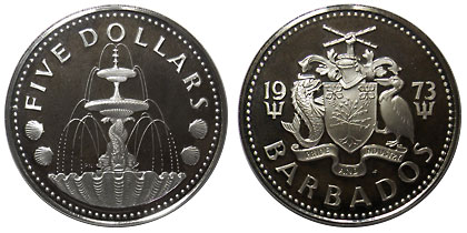 バルバドス 噴水 5ドル銀貨 1973 Proof | 世界のコイン,クラウン貨,A