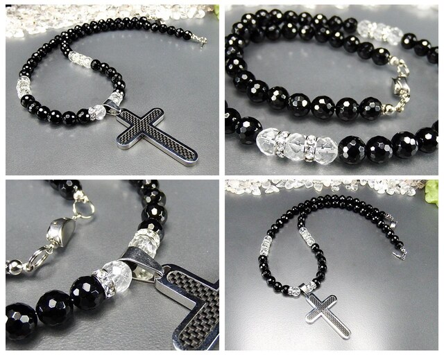 欧風クロス十字架ネックレス天然石オニキス水晶ステンレス製ワイヤ