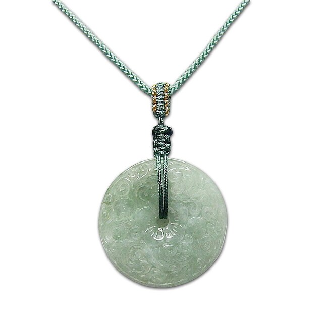 色合い良好ひすい本翡翠ジェダイト花紋彫り平安扣丸約27mm紐ネックレス
