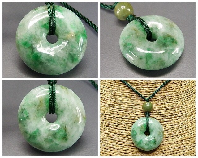 レア色陽緑入りひすい本翡翠丸平安扣ペンダントネックレス天然石