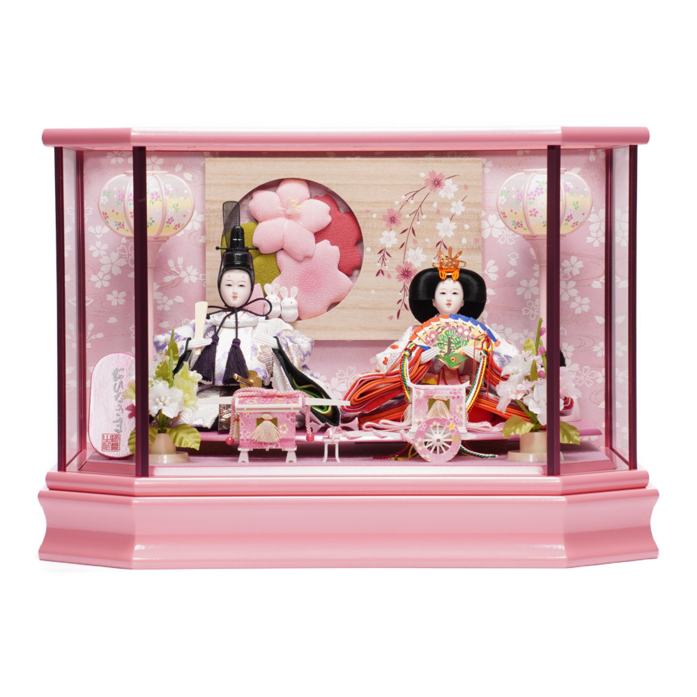雛人形】小芥子 パールピンク塗 六角形 親王揃いガラスケース飾り | 河