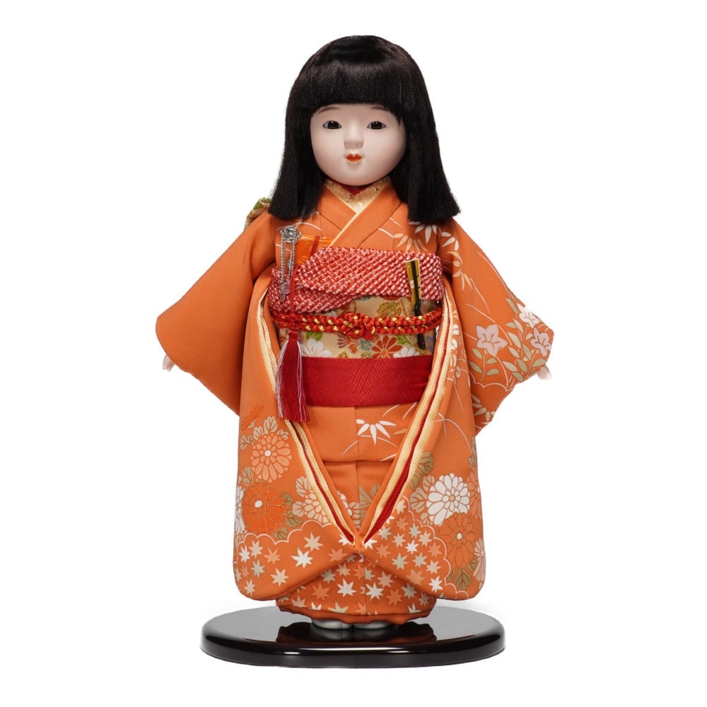 市松人形】10号 友禅(オレンジ) 菊〈小出松寿作〉※髪飾り・小物入れ