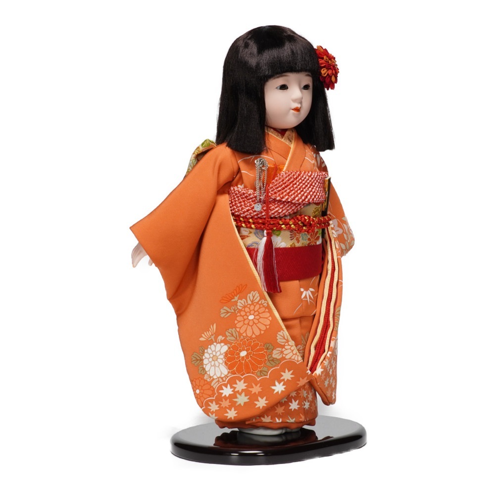 市松人形】10号 友禅(オレンジ) 菊〈小出松寿作〉※髪飾り・小物入れ