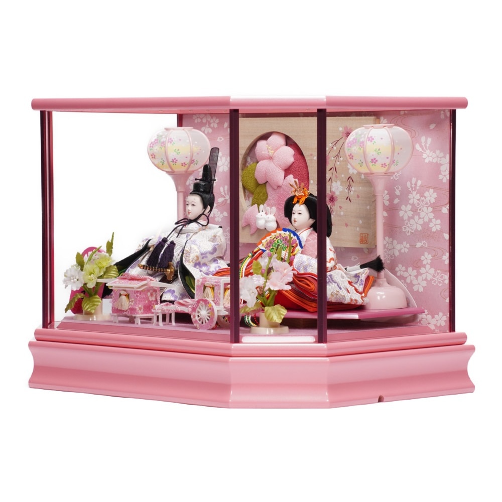 雛人形】小芥子 パールピンク塗 六角形 親王揃いガラスケース飾り | 河