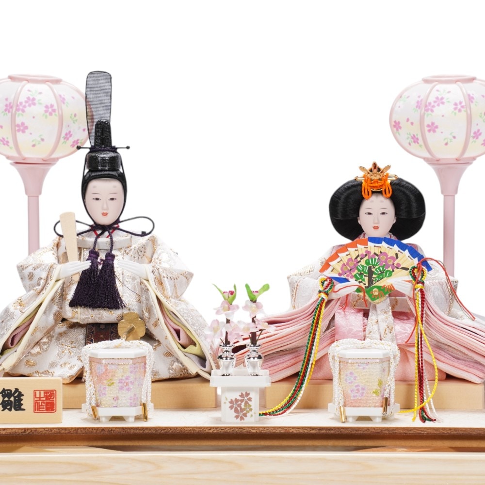 雛人形】小芥子 金襴(白) 白木 親王揃いガラスケース飾り | 河雲作