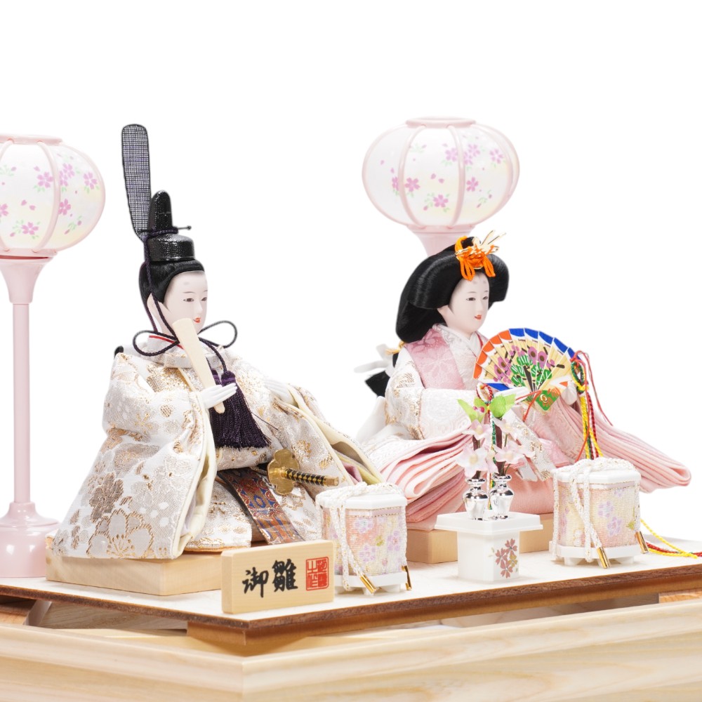 雛人形】小芥子 金襴(白) 白木 親王揃いガラスケース飾り | 河雲作