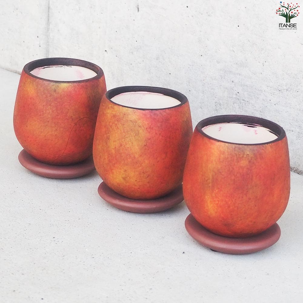 皿付陶器鉢 彩色焼磁 オレンジ【資材 8cm】｜ 【植物のITANSE