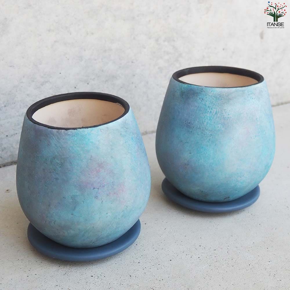 皿付陶器鉢 彩色焼磁 ブルー【資材 12cm】｜ 【植物のITANSE