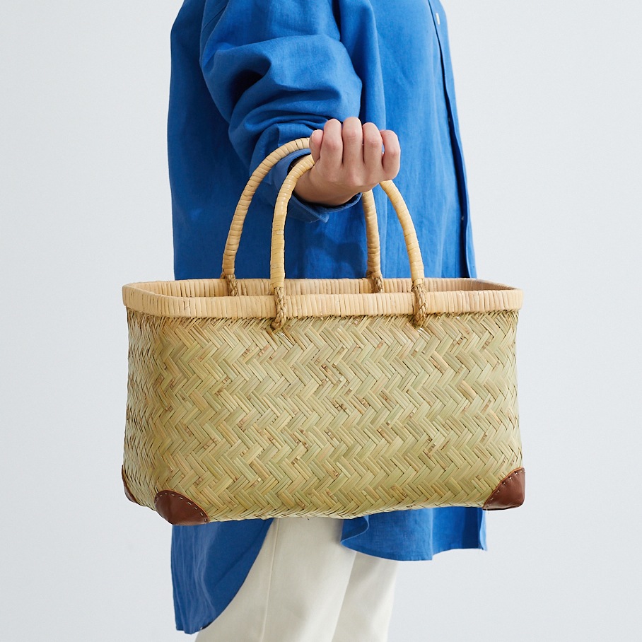 青竹市場かご(籐取手/小サイズ/レザー底あて付き)(約)幅38×マチ18×本体