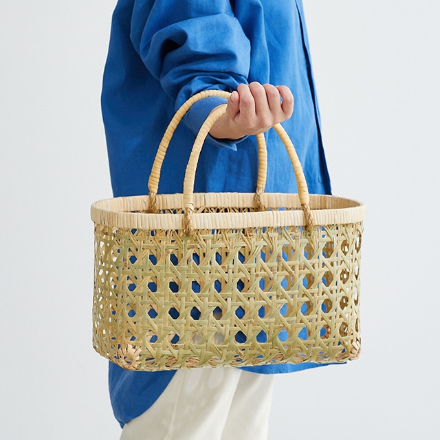 八つ目編み青竹かご(楕円/籐取手)(約)幅38×マチ17×本体高さ23cm(約