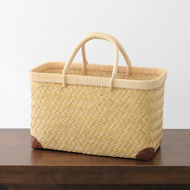 スズ竹市場かご(岩手県鳥越竹細工/籐ハンドル/小サイズ/レザー底あて