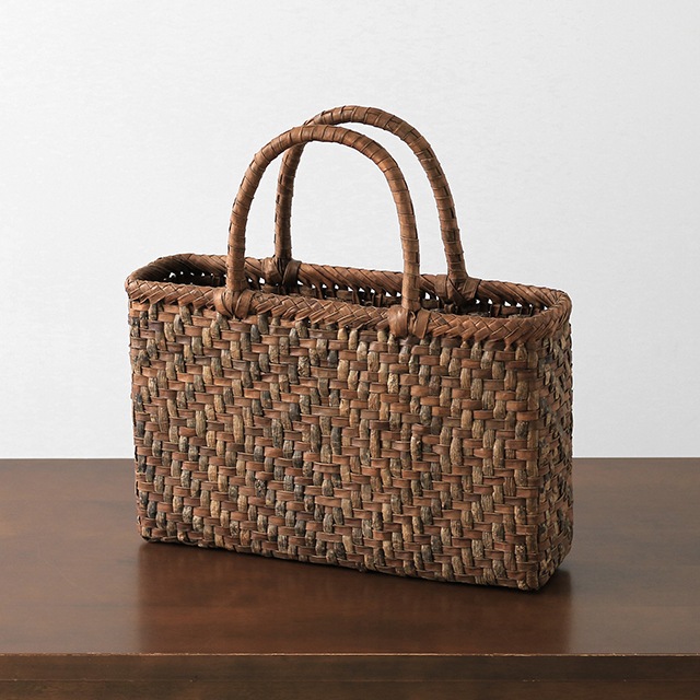 桝網代編みくるみ籠(国産材/灰褐色×こげ茶/細ひご/横長/小サイズ)(約