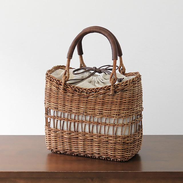 1点もの あけび籠(国産/透かし編み/中サイズ/リネン巾着・ポケット