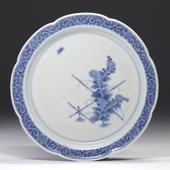 江戸時代 藍柿右衛門 染付 波花文 銹釉口 皿 5客