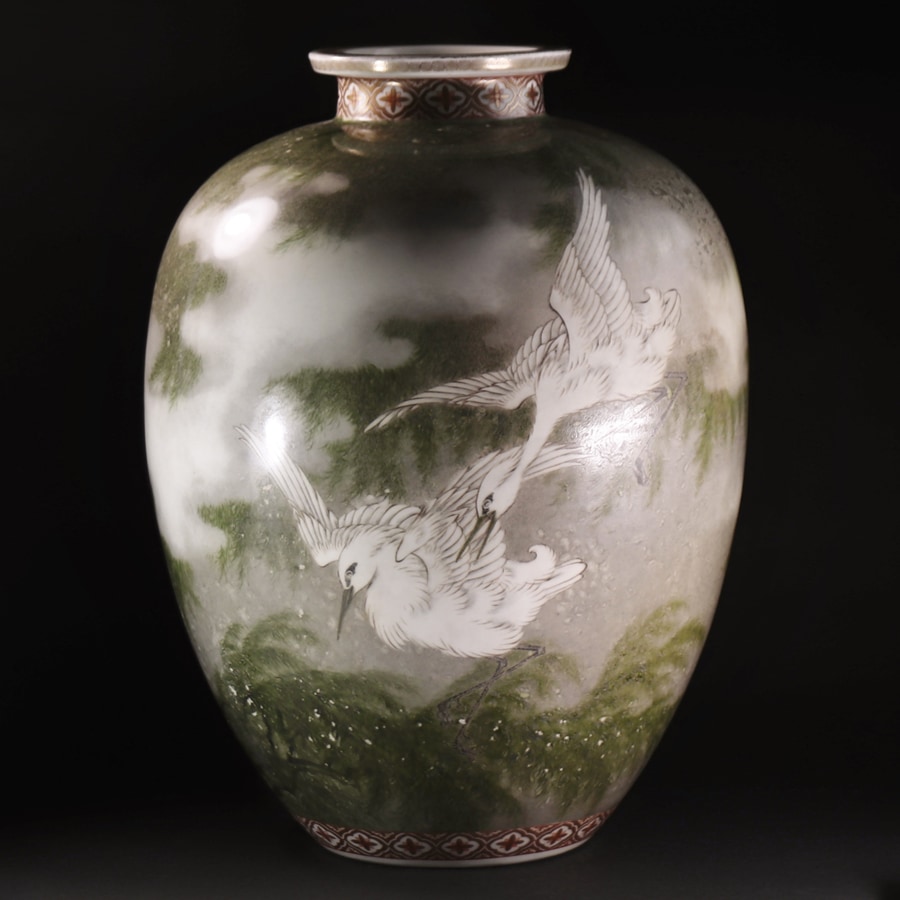 香蘭社 色絵釉彩 柳に白鷺文 大花瓶 明治美術 オールド香蘭社