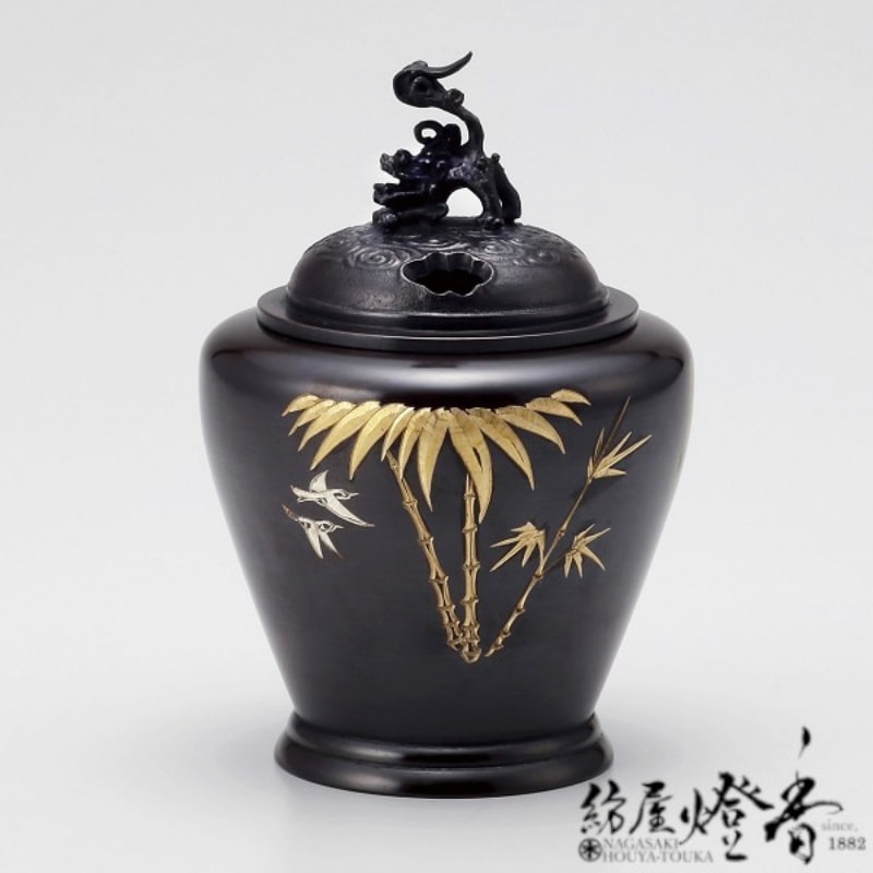 香炉/香器『高岡銅器【夏目型獅子蓋香炉/竹彫金/古手色】銅製』竹中