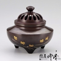 香炉/香器『高岡銅器【平丸獅子蓋香炉/双鶴/小/蒔絵】銅製・能作吉秀作