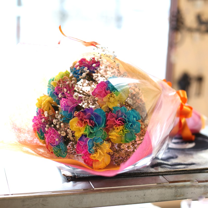 レインボーカーネーション10本の花束（キラキラかすみ草付） | バラ
