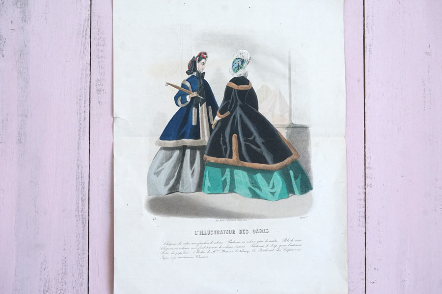 フランスアンティークファッションプレート銅版画19C中期頃 gh-271の