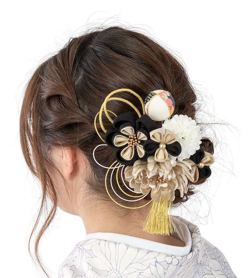 成人式 卒業式 袴 髪飾り 黒 梅と金花 タッセル付 コーム・Uピン ヘア
