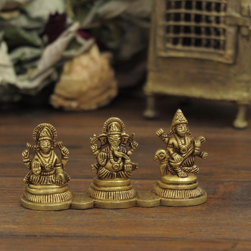 ヒンドゥー教神様 真鍮製ガネーシャ・ラクシュミ・サラスヴァティ 三