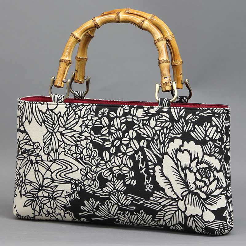 バンブー手提げ【利休・横型｜四季の柄・黒】祭用品専門店浅草絆纒屋