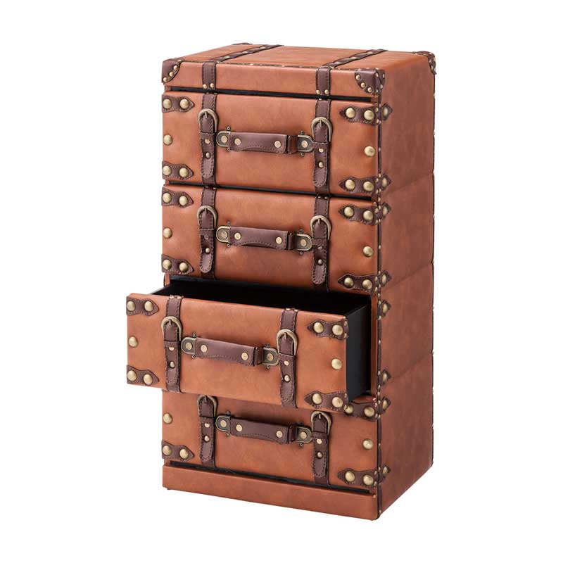 トランク風4段チェスト｜レザー調×ヴィンテージ収納 | インテリア