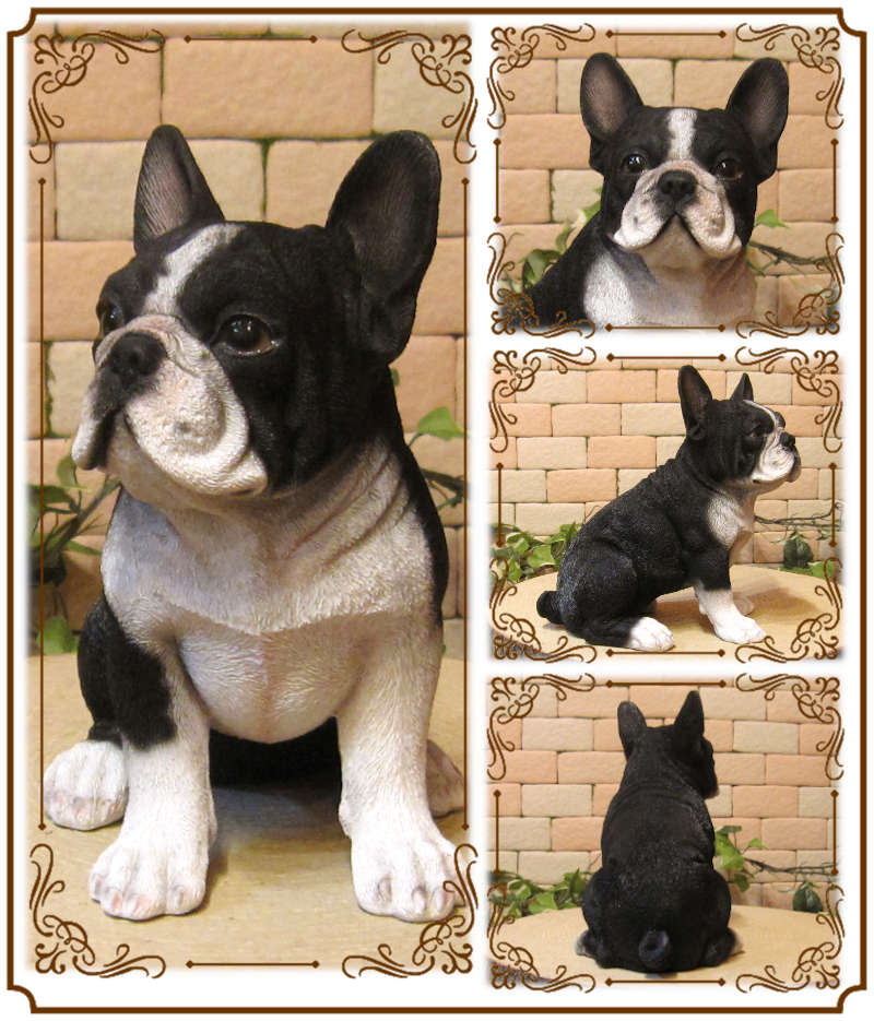 リアルな犬の置物 フレンチブルドッグ ブラック＆ホワイト 成犬 お座り