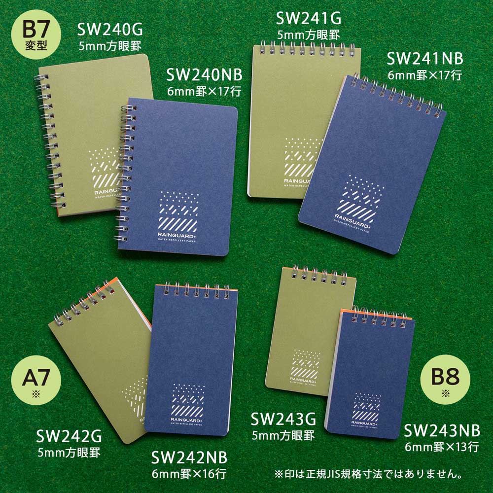 日本ノート レインガード＋ (プラス) B8 天綴じ 方眼罫 グリーン 5冊