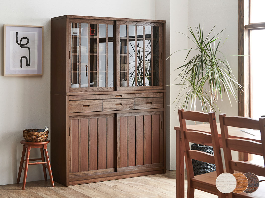 和風ダイニングボード 食器棚 鎌倉 幅120 ハイタイプ 茶褐色 黒茶色