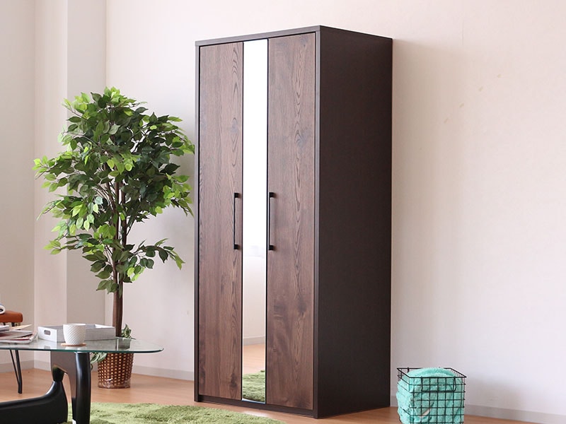 ワードローブ 木製 鏡 ミラー付き 開き戸 幅80cm おしゃれ 木目調