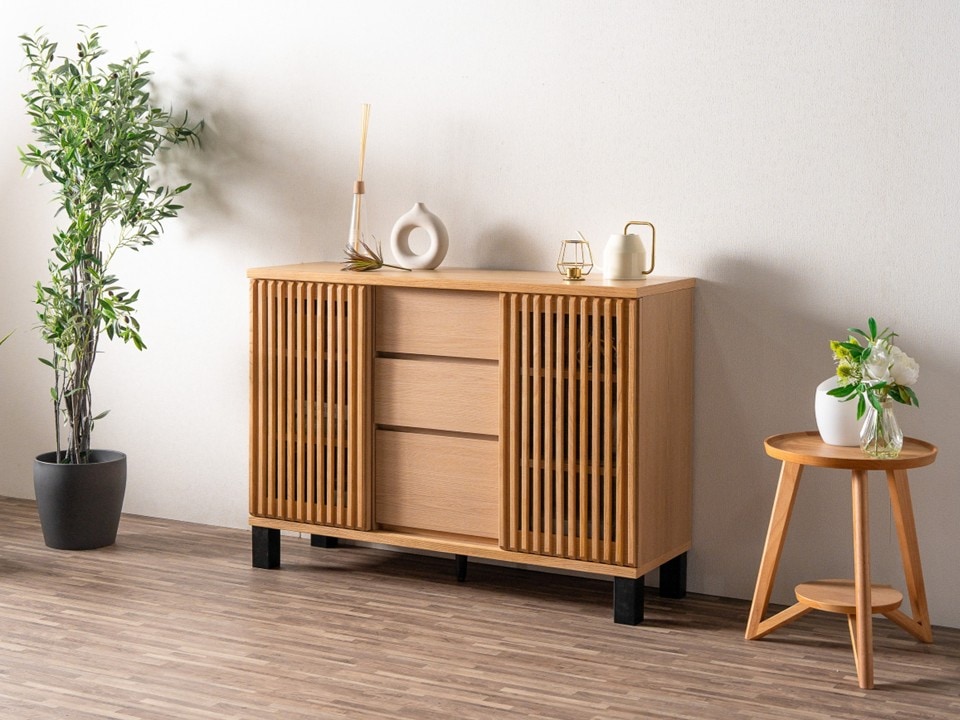 送料無料】80・120㎝ サイドボード 縦格子戸 和モダン おしゃれ 収納