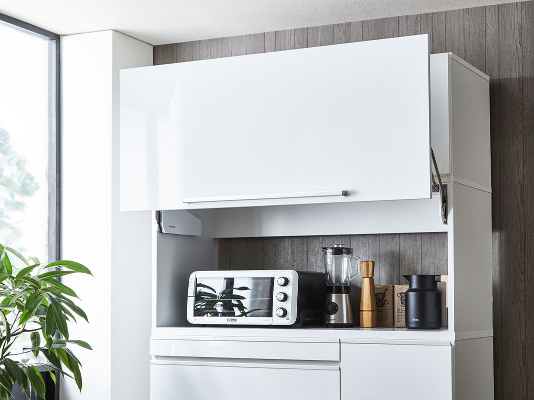 食器棚 レンジ台 ナポリスライドアップ扉タイプ 幅120 鏡面ホワイト