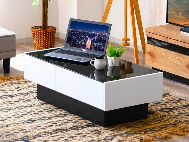 ガラス天板 引出し付き ローテーブル 白 ブラウン 2色対応 センター