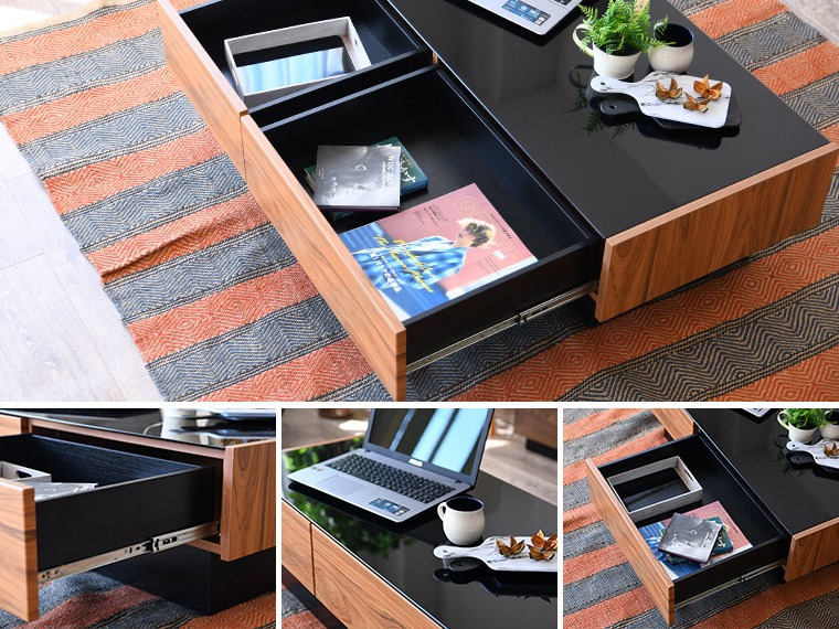 ガラス天板 引出し付き ローテーブル 白 ブラウン 2色対応 センター