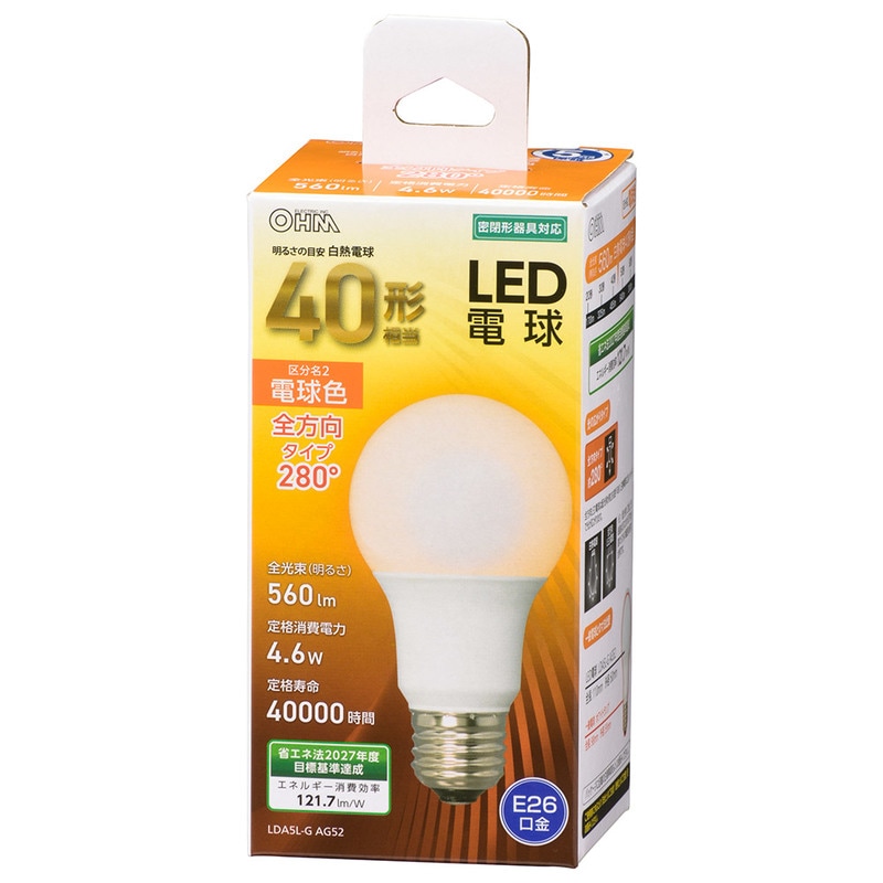 LED電球 E26 40形相当 電球色｜LDA5L-G AG52 06-4454｜通販ならオーム
