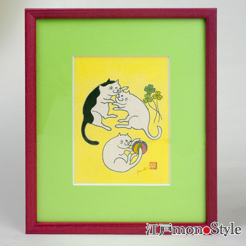 限定1個】【東京手描友禅】染額（3匹の猫） 江戸monoStyle