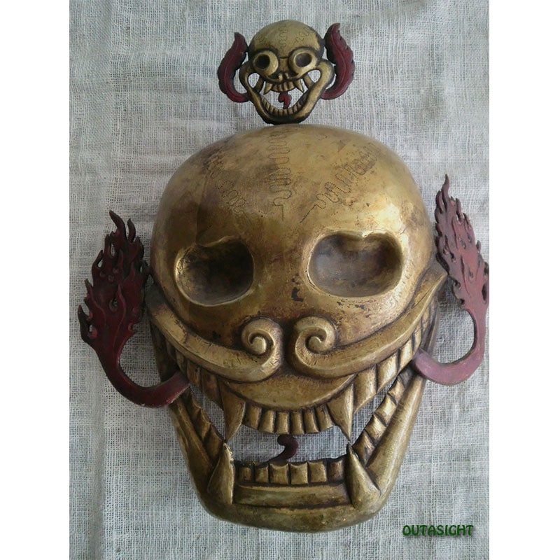 シッキム 真鍮打ち出しマスク(お面) スカル チティパティ チベット仏教