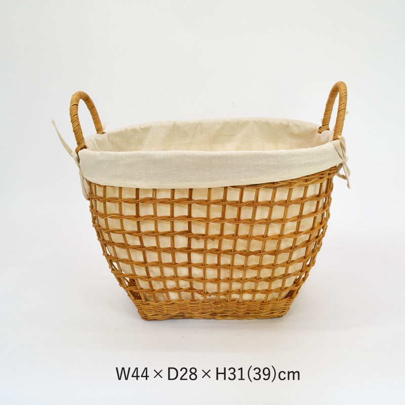 ラタン製 透かし 取手 布付き ランドリーバスケット籐かご
