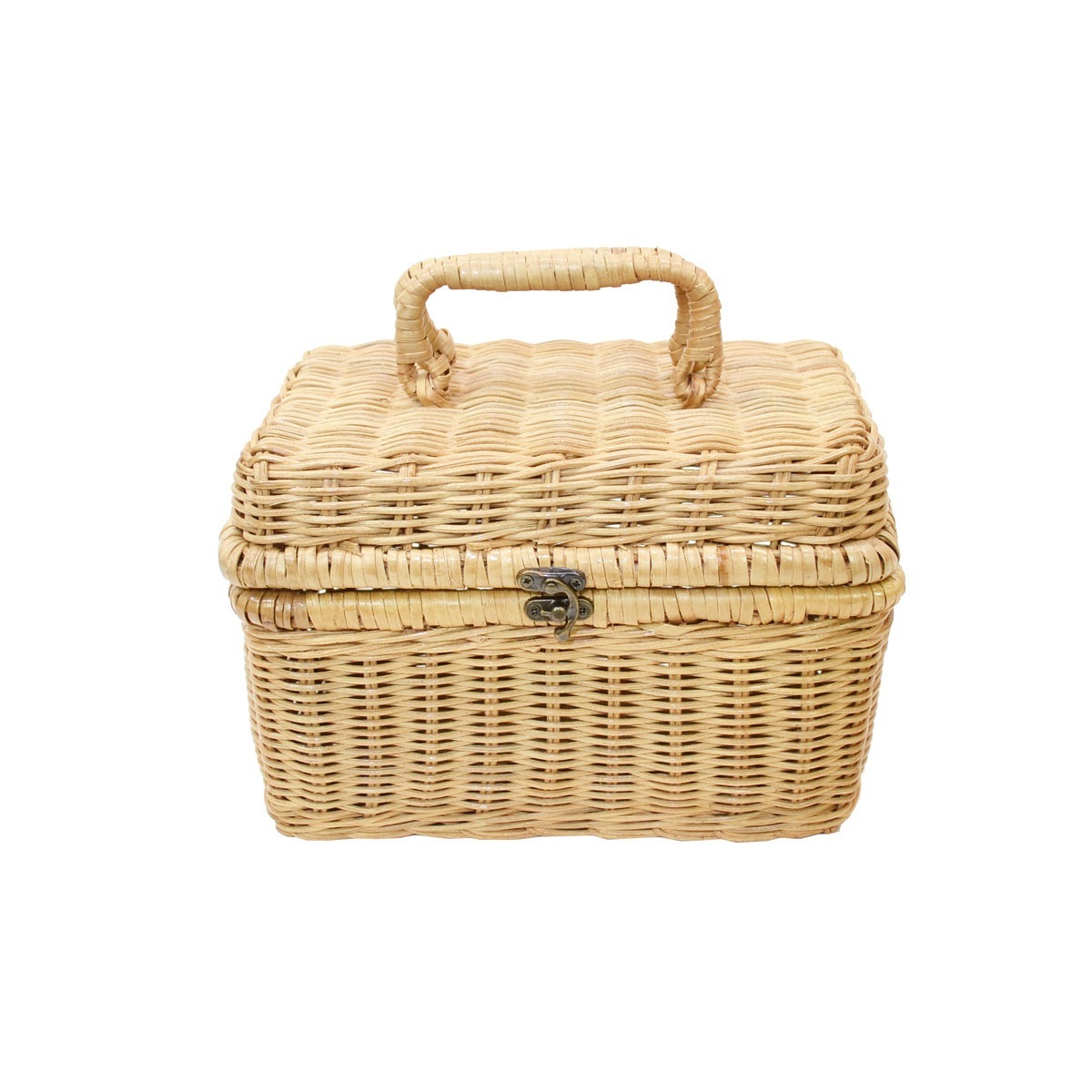 ラタン製 ツールバスケット 蓋付き ピクニック 四角 籐籠