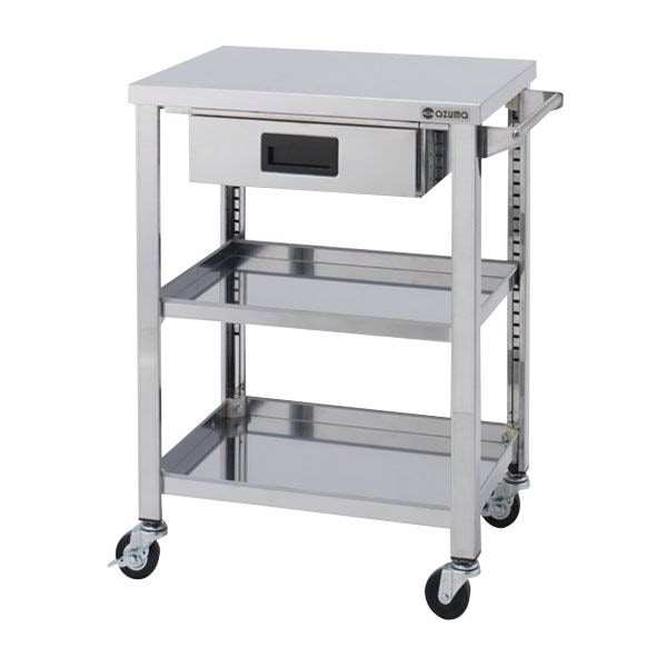 アズマ 3段中棚1枚引出し付きステンレス製ワゴン 幅600×奥行450×高さ