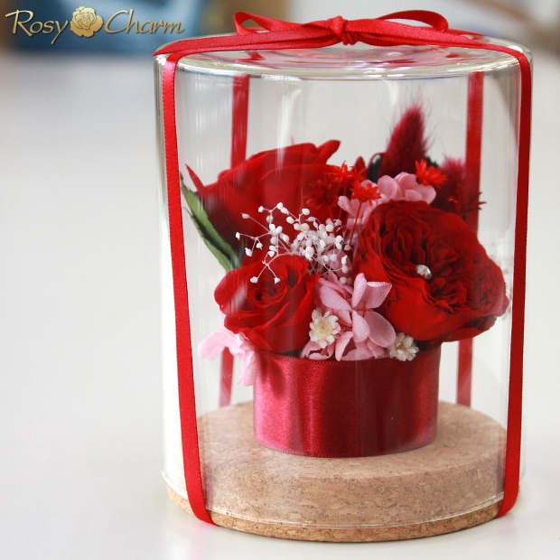 プリザーブドフラワー ガラスドーム【赤いバラ】3輪のバラ｜誕生日