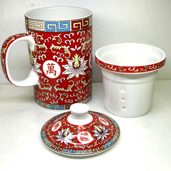 景徳鎮茶漉し付きマグカップ萬壽・赤｜食器,中国,茶器,テーブルウェア