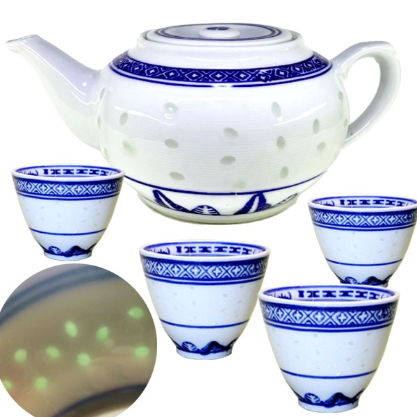 景徳鎮 ・青ホタル ポット・急須（10件鷲口）＆湯呑み×4個（二江中