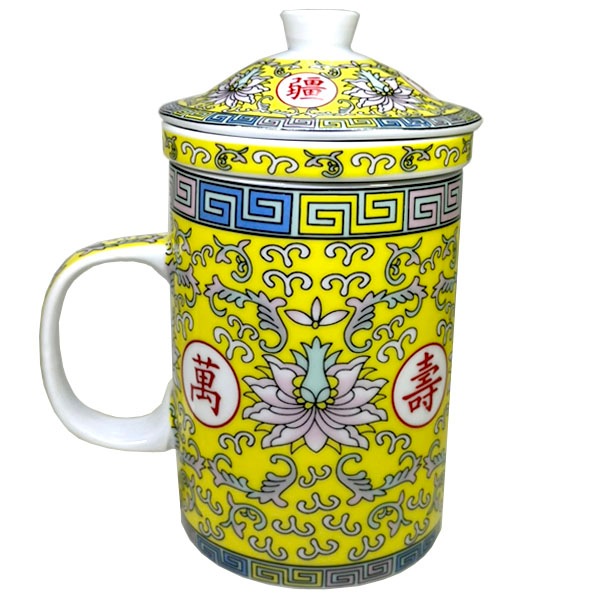 景徳鎮 茶漉し付き マグカップ 萬壽・黄｜食器,中国,茶器,テーブル