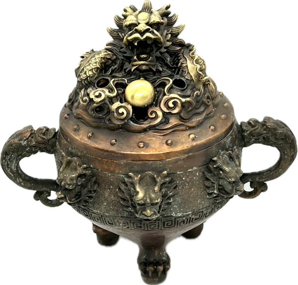 銅製龍香炉 九転乾坤銅色【小】 取っ手付き【送料無料】（沖縄700円