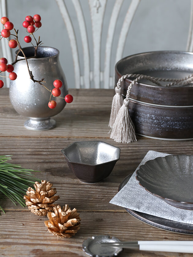 陶悦窯 七角小付 黒柚子銀塗り