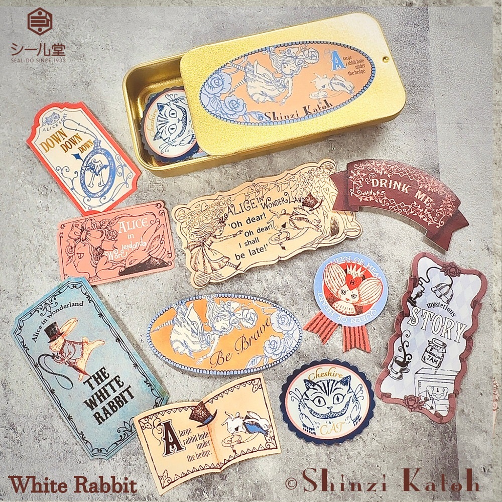 フレークシール缶 不思議なアリス White Rabbit | Shinzi Katoh Design